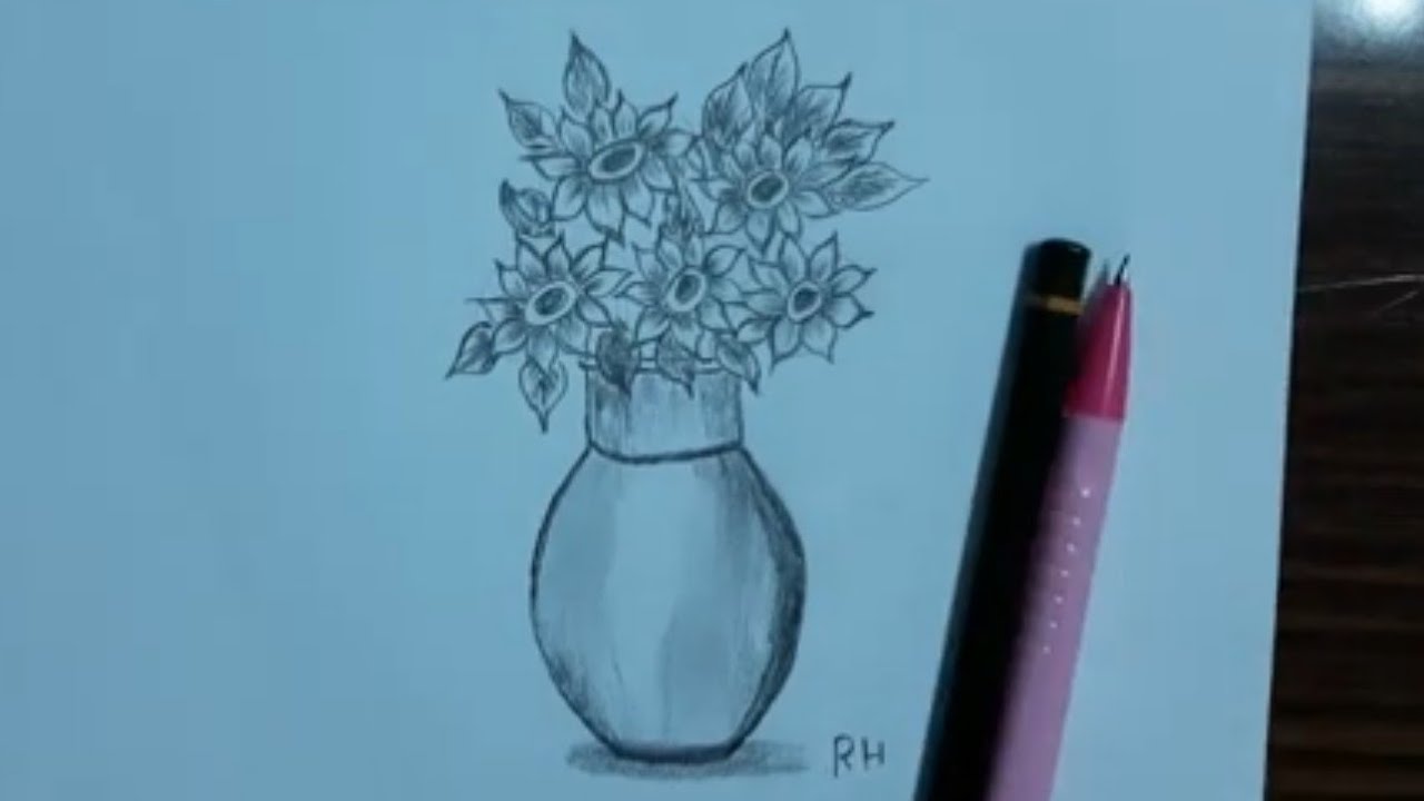 رسم مزهرية ورود بالرصاص 1486 5